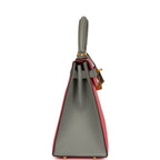 Hermes Special Order (HSS) Kelly Sellier 28 Rose Azalee and Gris Mouette Epsom Brushed Gold Hardware