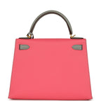 Hermes Special Order (HSS) Kelly Sellier 28 Rose Azalee and Gris Mouette Epsom Brushed Gold Hardware