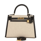 Hermes Kelly Sellier 28 Bai Brun Swift and Ecru-Beige Toile H Canvas Gold Hardware