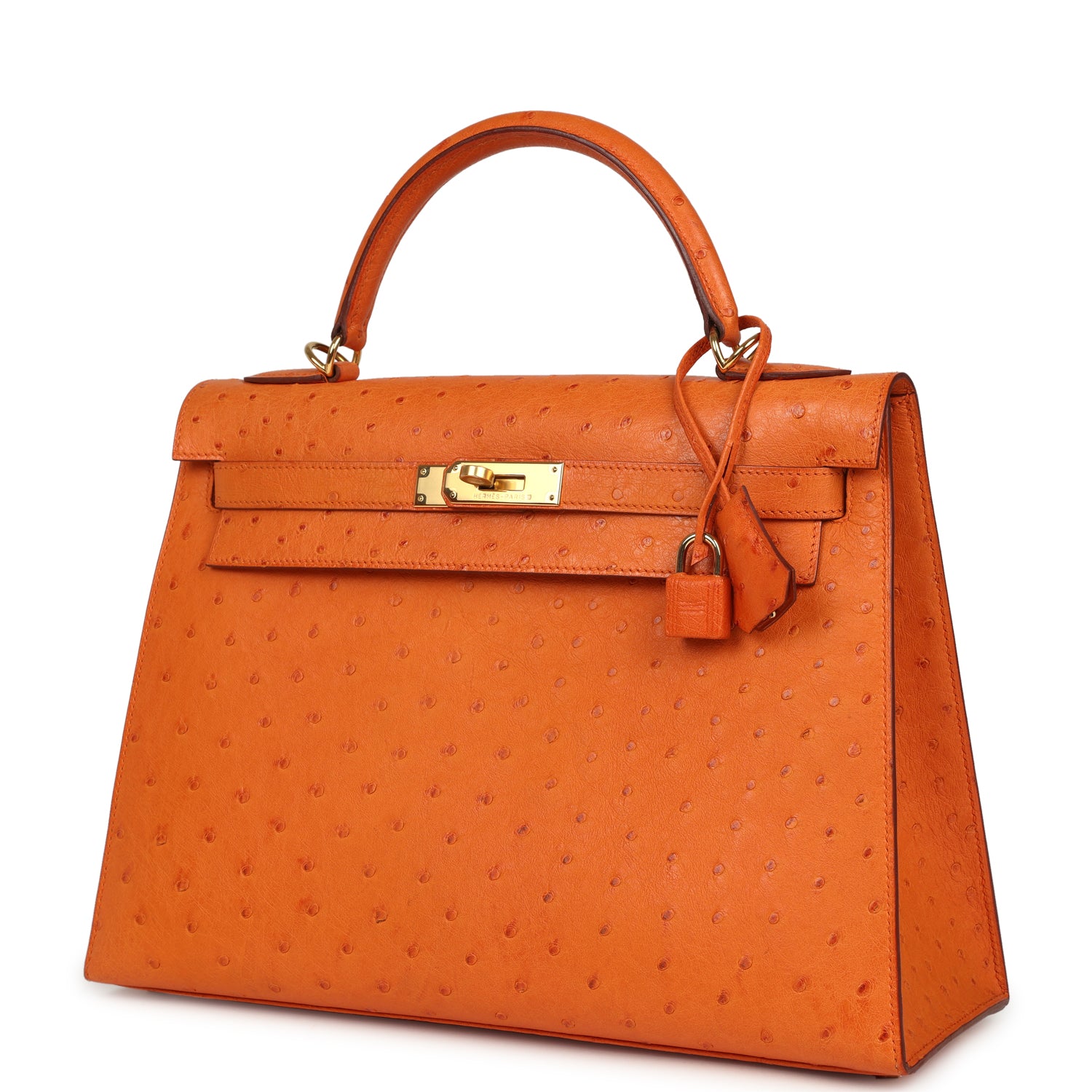 Vintage Hermes Kelly Sellier 32 Orange Ostrich Gold Hardware