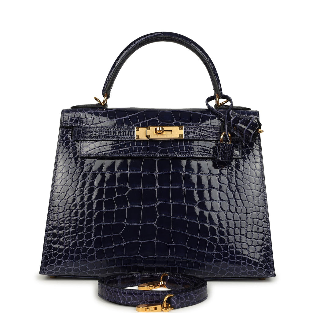 Hermes Kelly Sellier 28 Bleu Encre Shiny Alligator Gold Hardware