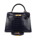 Hermes Kelly Sellier 28 Bleu Encre Shiny Alligator Gold Hardware