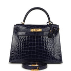 Hermes Kelly Sellier 28 Bleu Encre Shiny Alligator Gold Hardware