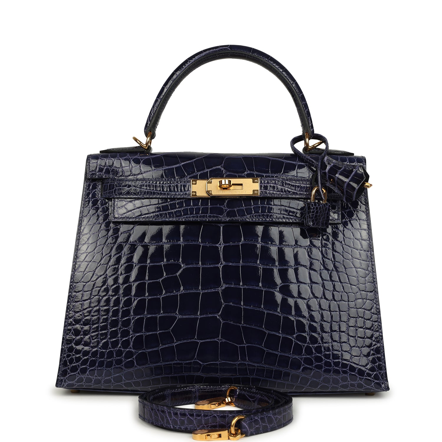 Hermes Kelly Sellier 28 Bleu Encre Shiny Alligator Gold Hardware