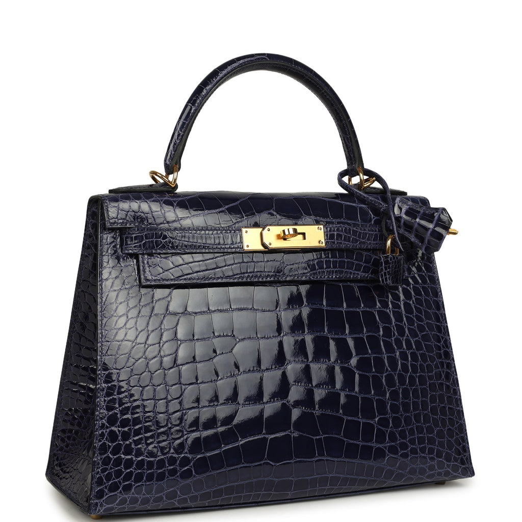 Hermes Kelly Sellier 28 Bleu Encre Shiny Alligator Gold Hardware