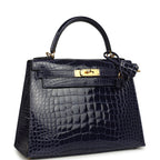 Hermes Kelly Sellier 28 Bleu Encre Shiny Alligator Gold Hardware
