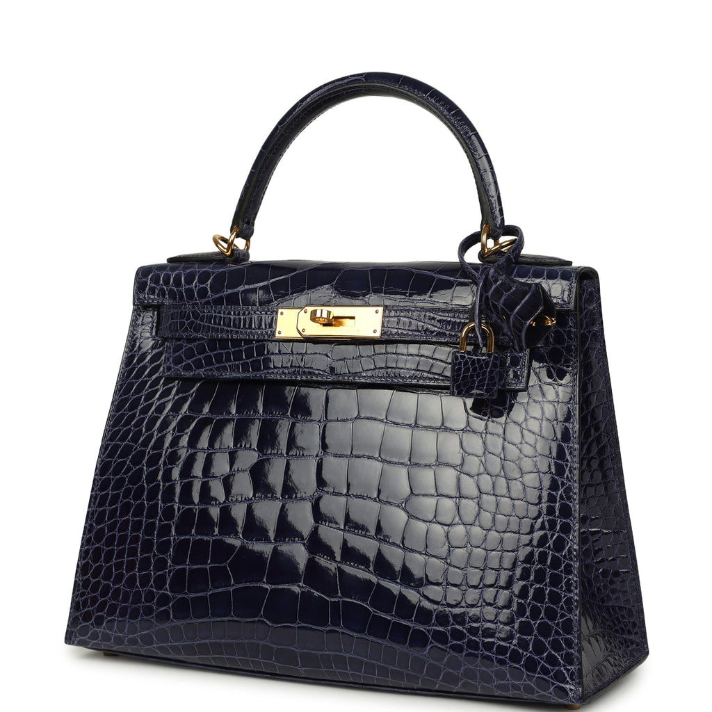 Hermes Kelly Sellier 28 Bleu Encre Shiny Alligator Gold Hardware