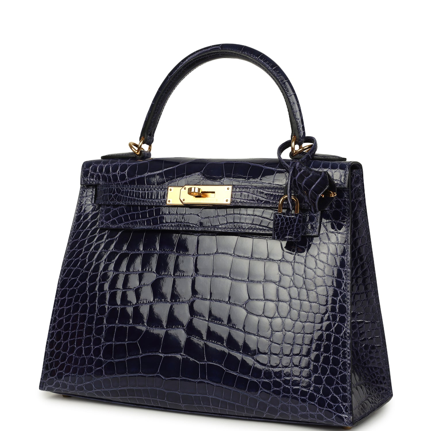 Hermes Kelly Sellier 28 Bleu Encre Shiny Alligator Gold Hardware