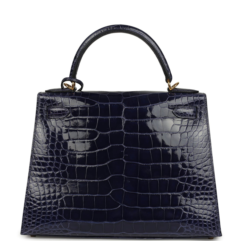 Hermes Kelly Sellier 28 Bleu Encre Shiny Alligator Gold Hardware