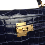 Hermes Kelly Sellier 28 Bleu Encre Shiny Alligator Gold Hardware