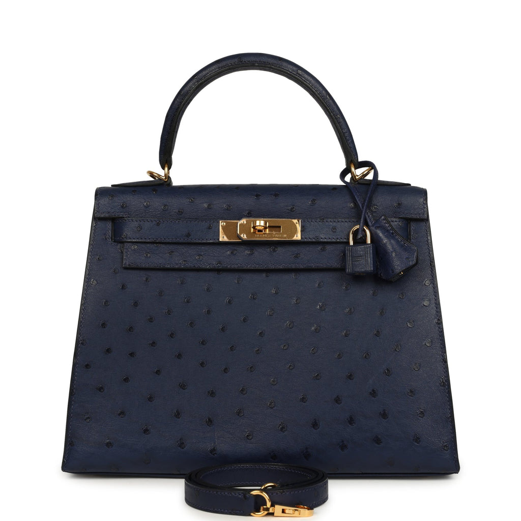Hermes Kelly Sellier 28 Bleu Iris Ostrich Gold Hardware