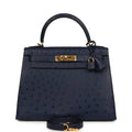 Hermes Kelly Sellier 28 Bleu Iris Ostrich Gold Hardware