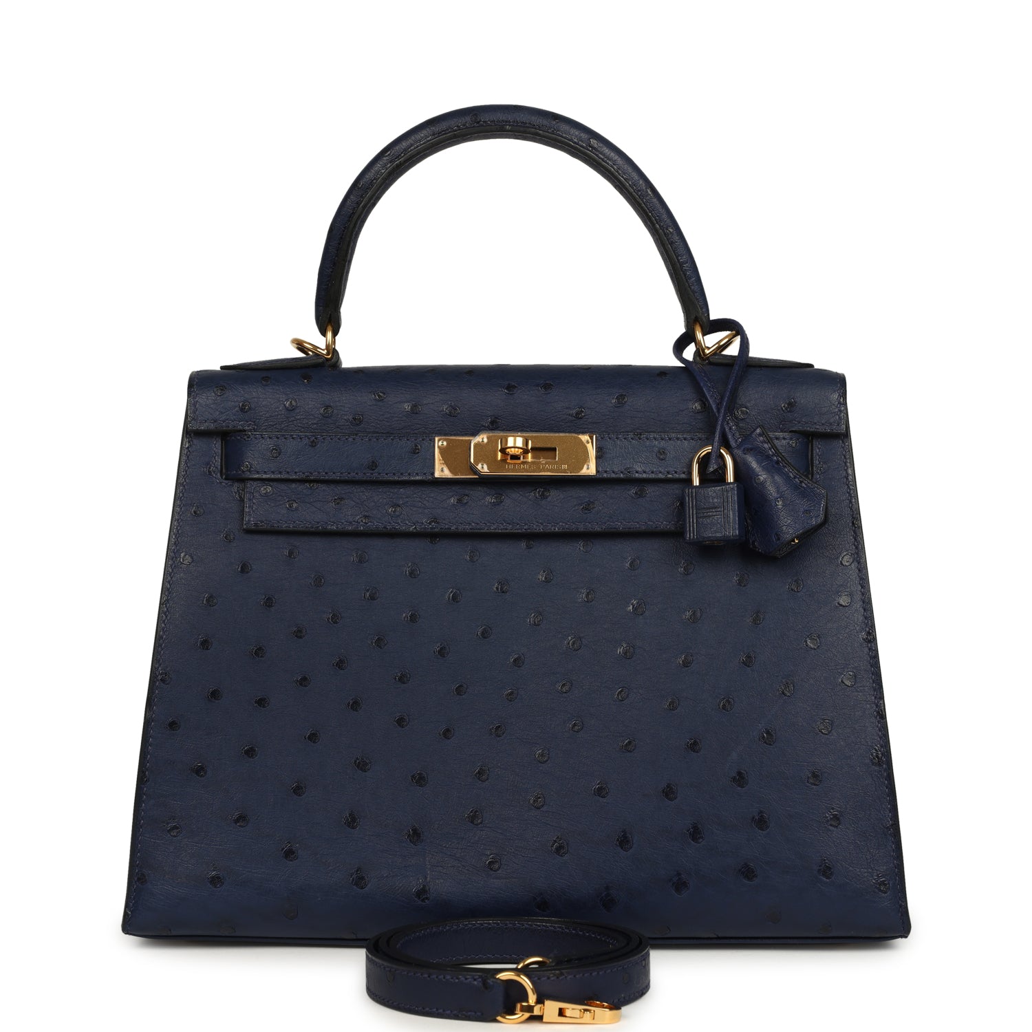 Hermes Kelly Sellier 28 Bleu Iris Ostrich Gold Hardware