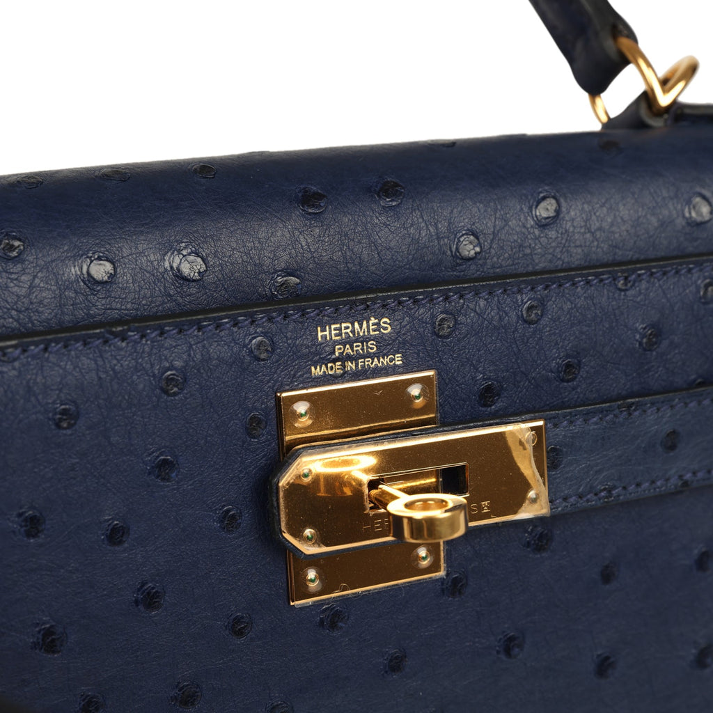 Hermes Kelly Sellier 28 Bleu Iris Ostrich Gold Hardware