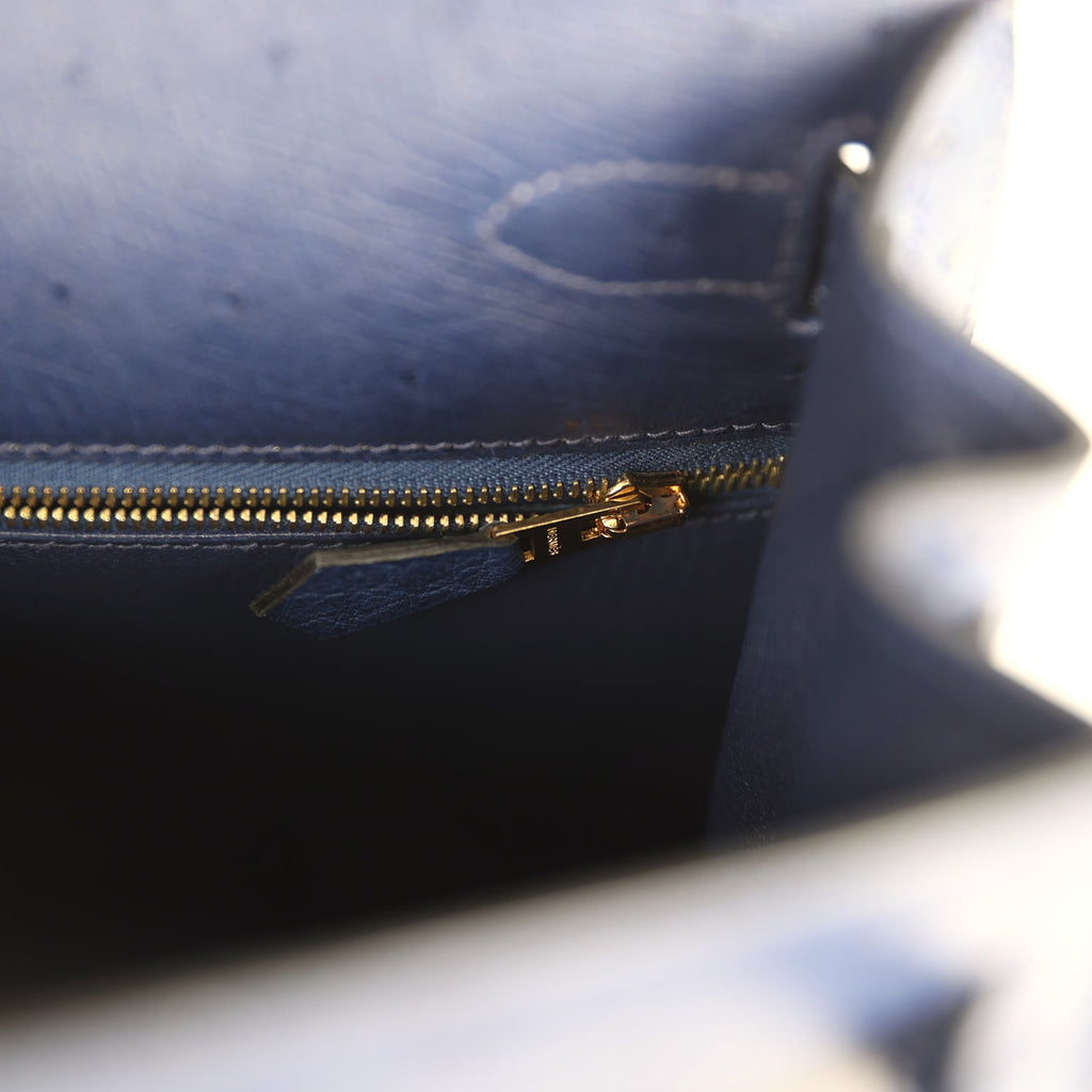 Hermes Kelly Sellier 28 Bleu Iris Ostrich Gold Hardware