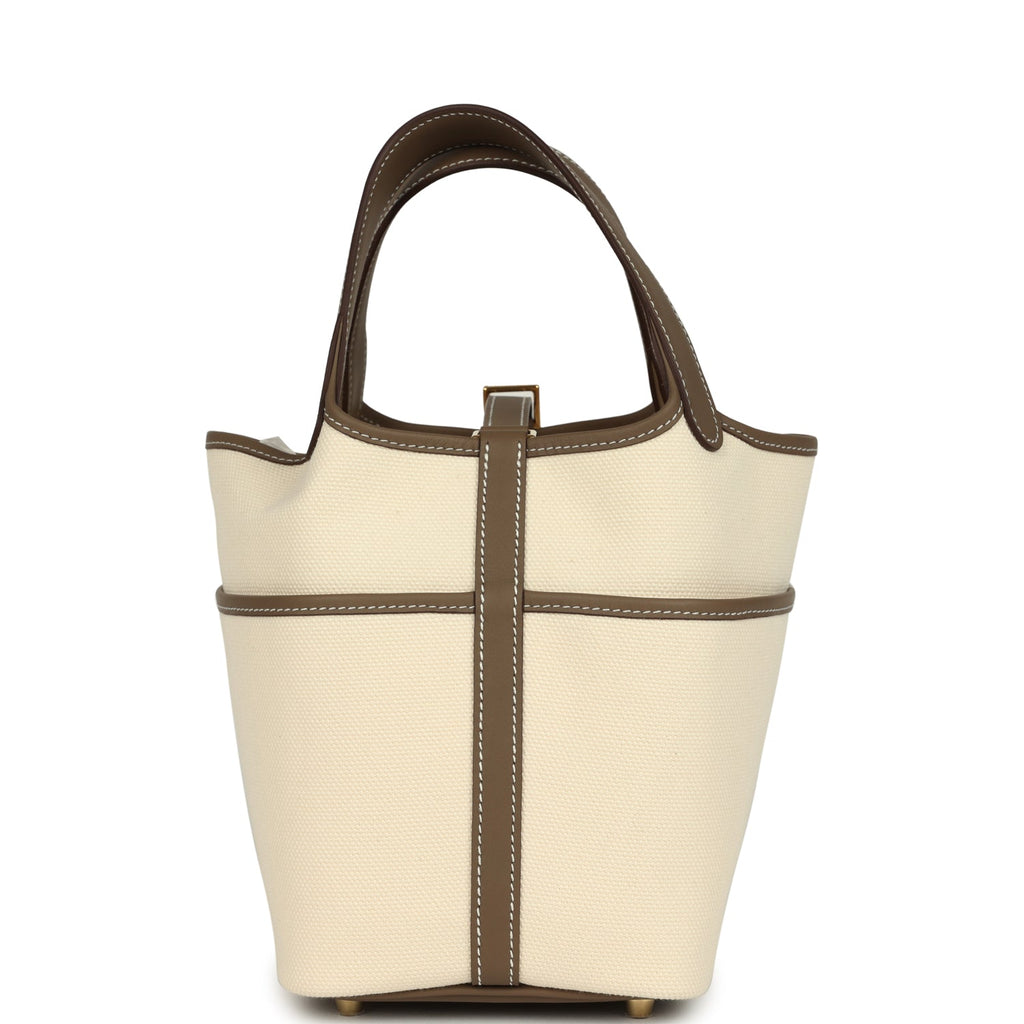 Hermes Picotin Cargo 18 Ecru Toile Canvas and Etoupe Swift Gold Hardware