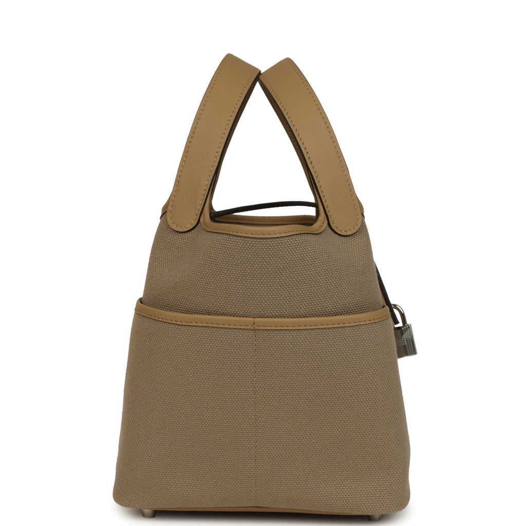 Hermes Picotin Cargo 18 Beiga Marfa Toile Canvas and Poussiere Swift Palladium Hardware