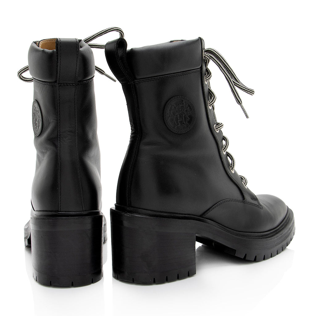 Hermes Calfskin Embossed Bridge Combat Boots - Size 7.5 / 37.5