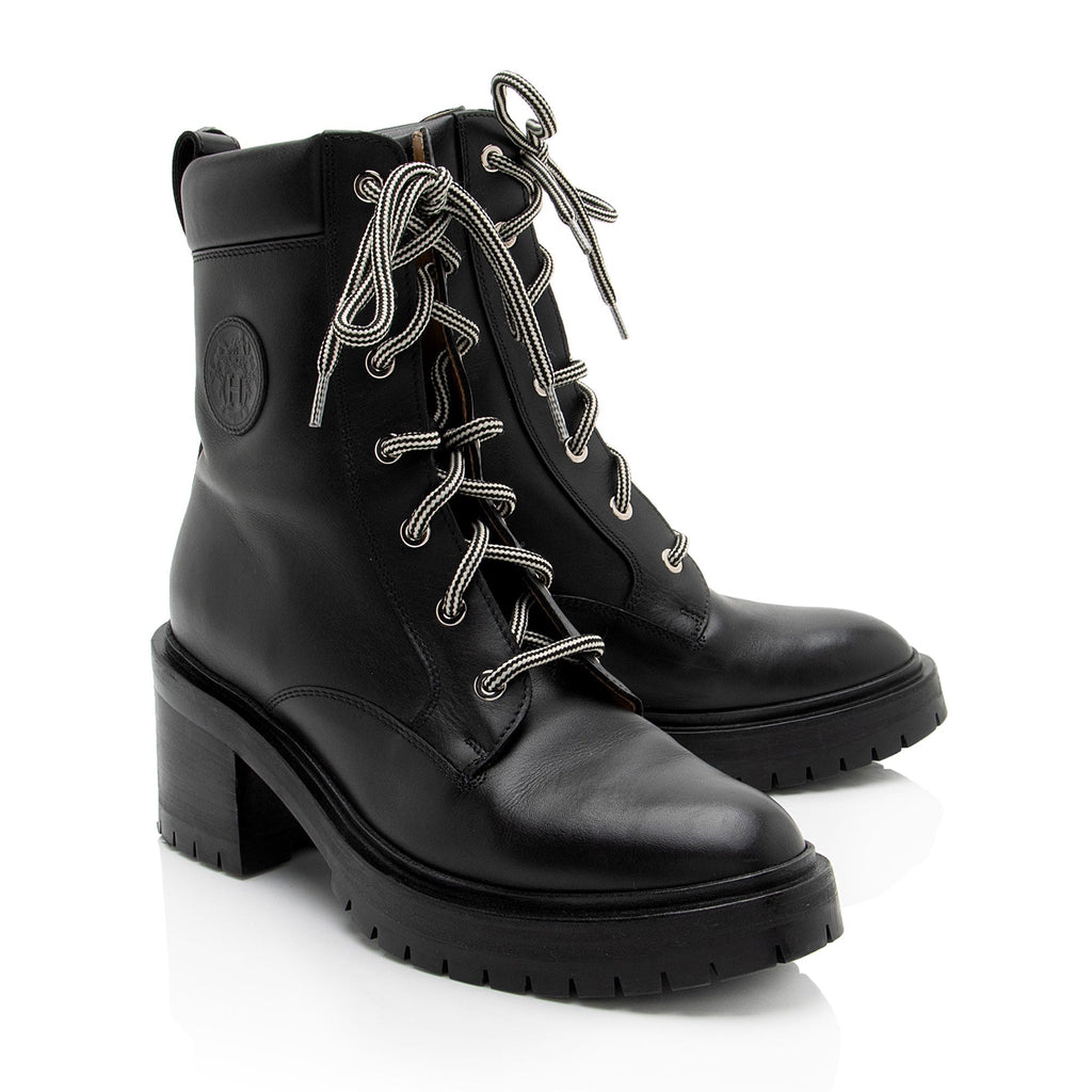 Hermes Calfskin Embossed Bridge Combat Boots - Size 7.5 / 37.5