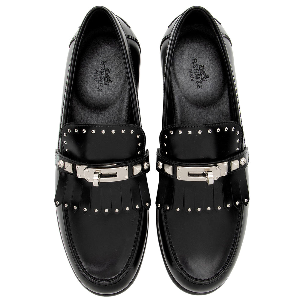 Hermes Calfskin Studded Fringe Destin Loafers - Size 7 / 37