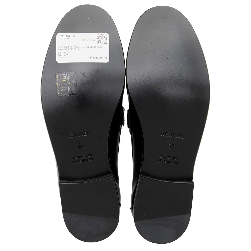 Hermes Calfskin Studded Fringe Destin Loafers - Size 7 / 37