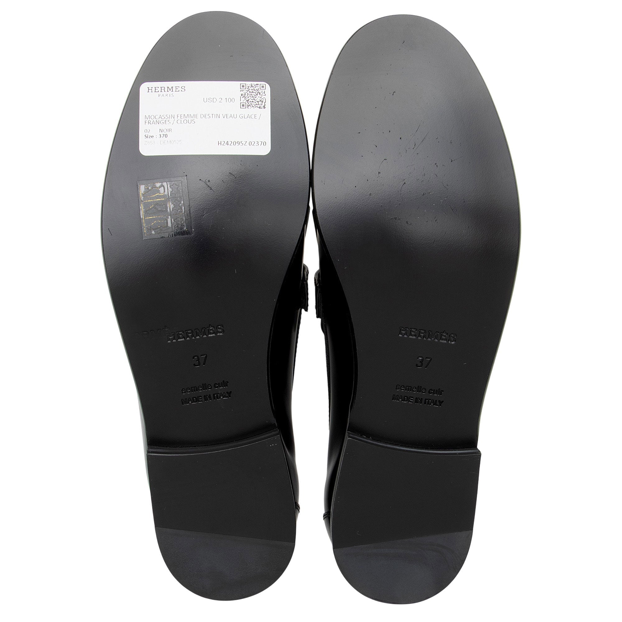 Hermes Calfskin Studded Fringe Destin Loafers - Size 7 / 37