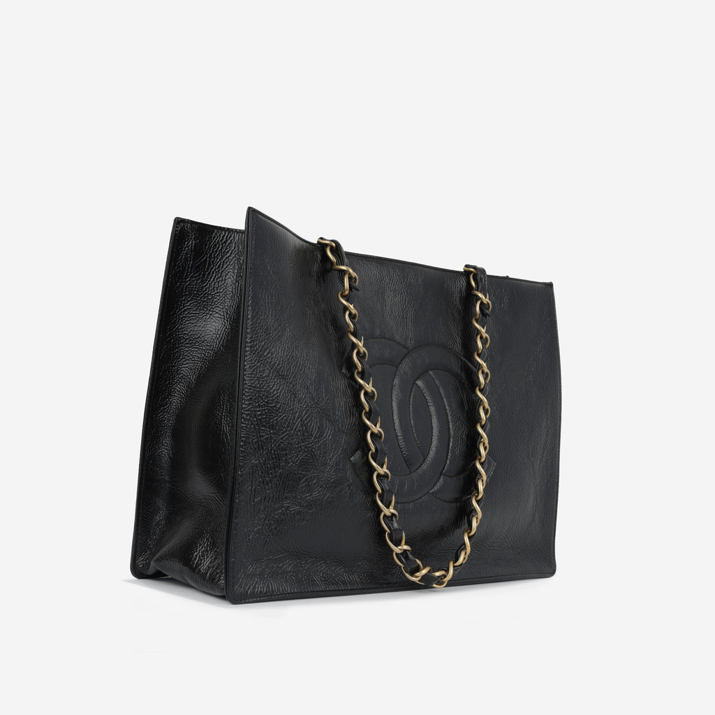 Chanel CC Shopping Tote - Black Glazed Calfskin | Gold Hardware
