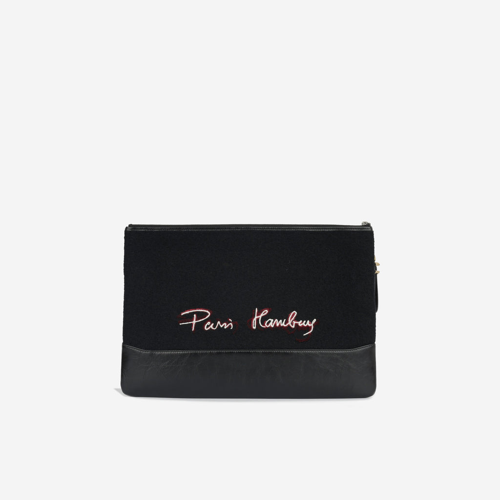 Chanel Gabrielle Large O Case Paris/Hamburg - Black Embroidered Wool / Calfskin | Mixed Hardware