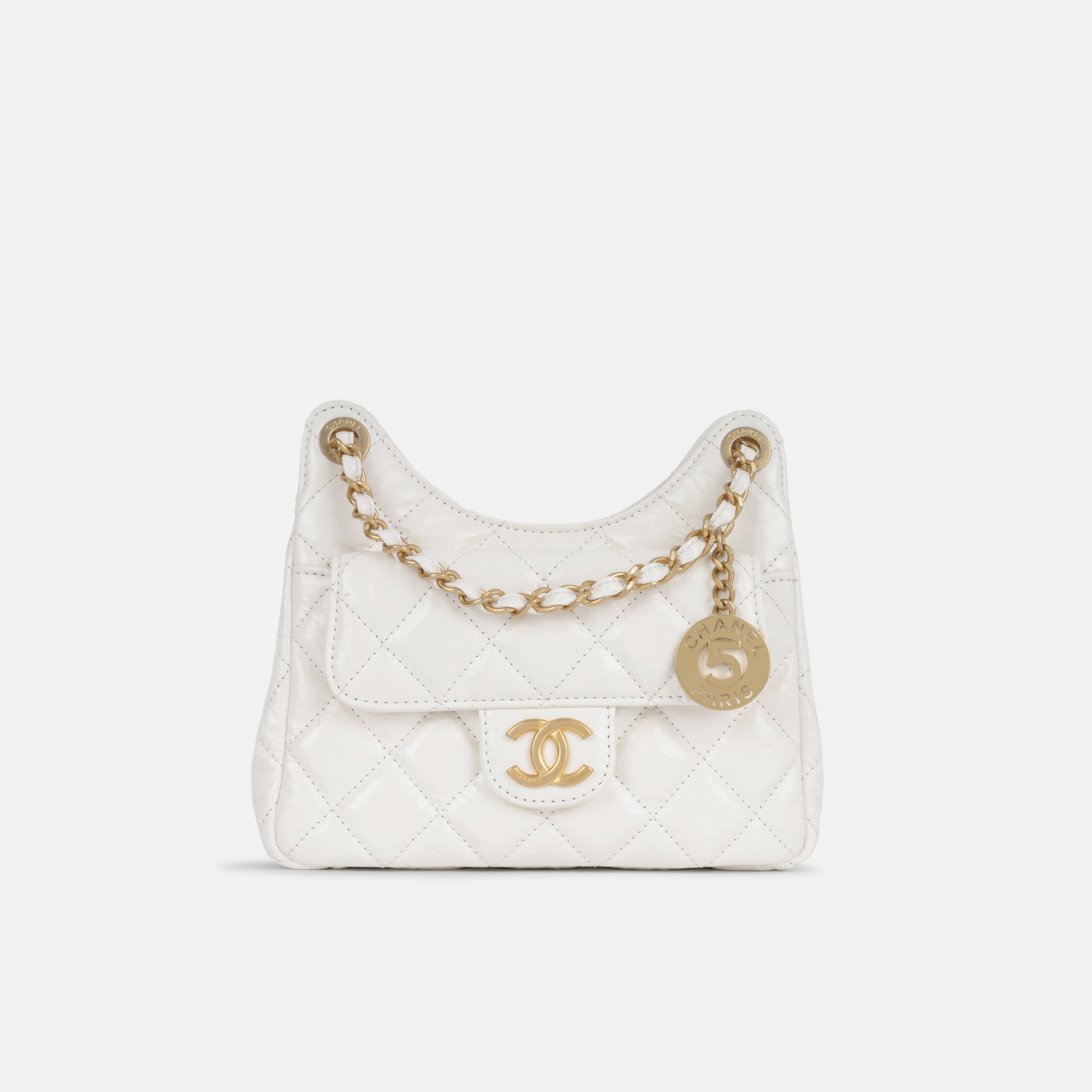 Chanel Cruise White Shiny Crumpled Calfskin Hobo Bag
