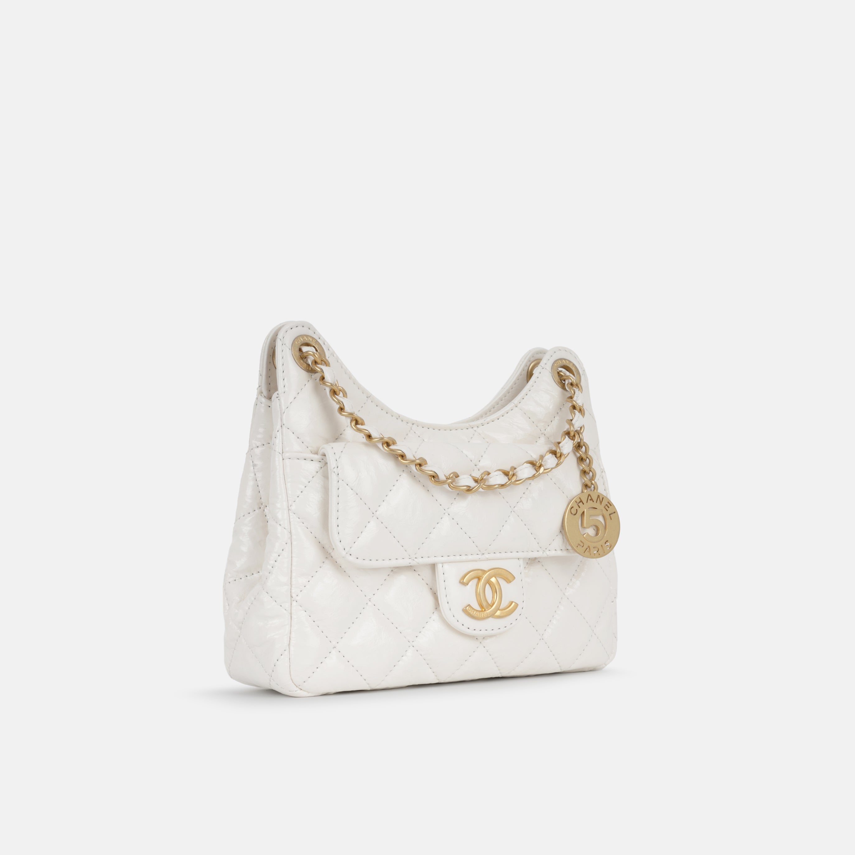 Chanel Cruise White Shiny Crumpled Calfskin Hobo Bag
