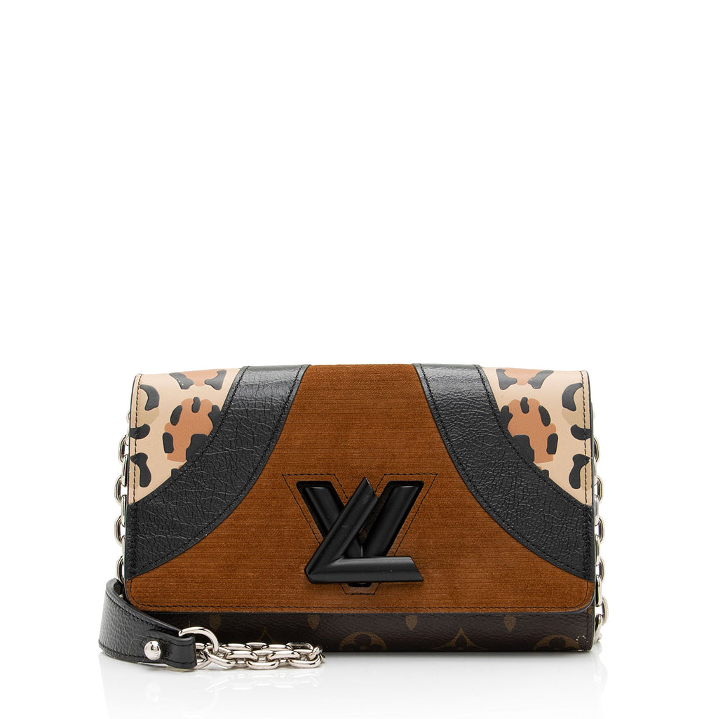 Louis Vuitton Suede Calfskin Wild Leopard Print Twist Chain Wallet (SHF-640zA2)