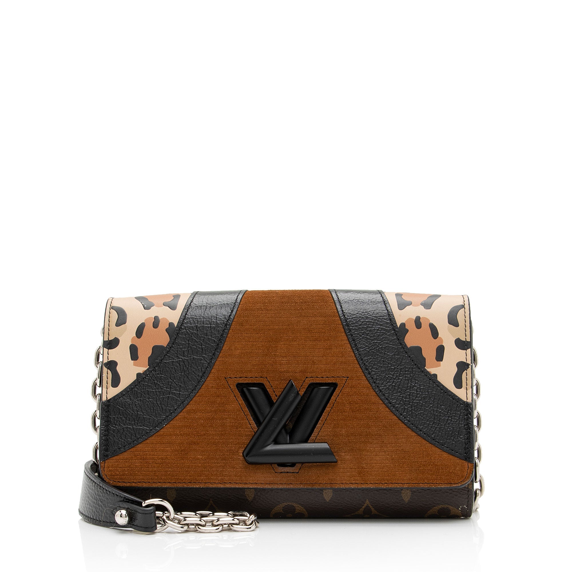 Louis Vuitton Suede Calfskin Wild Leopard Print Twist Chain Wallet (SHF-640zA2)