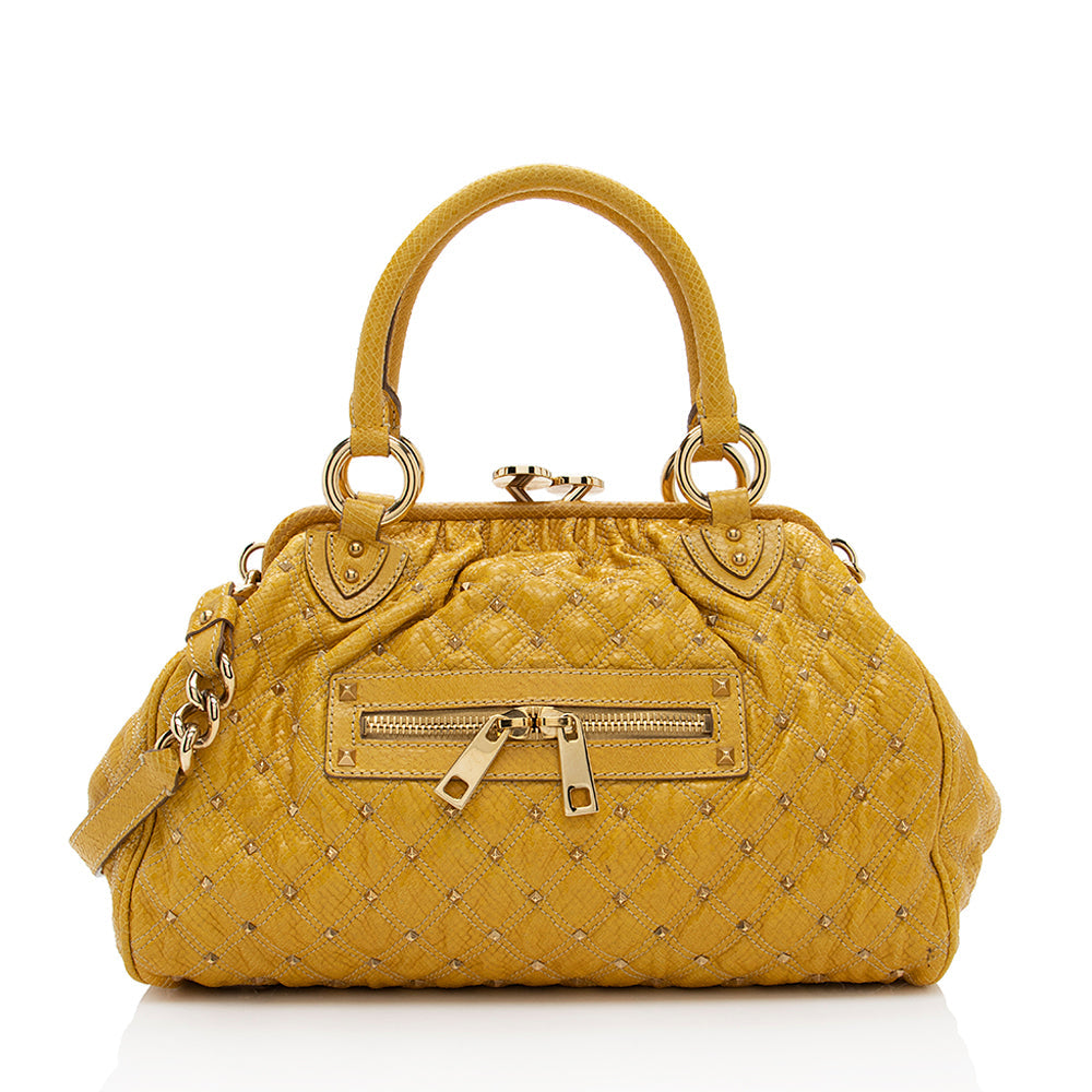 Marc Jacobs Quilted Snakeskin Studded Stam Satchel (SHF-18478)