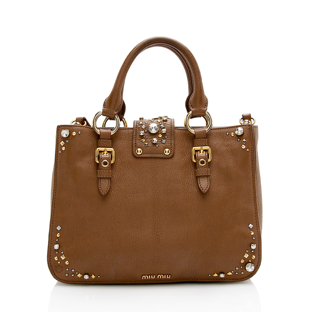 Miu Miu Leather Crystal Embellished Tote (SHF-17965)