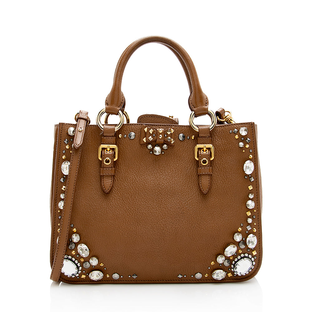 Miu Miu Leather Crystal Embellished Tote (SHF-17965)
