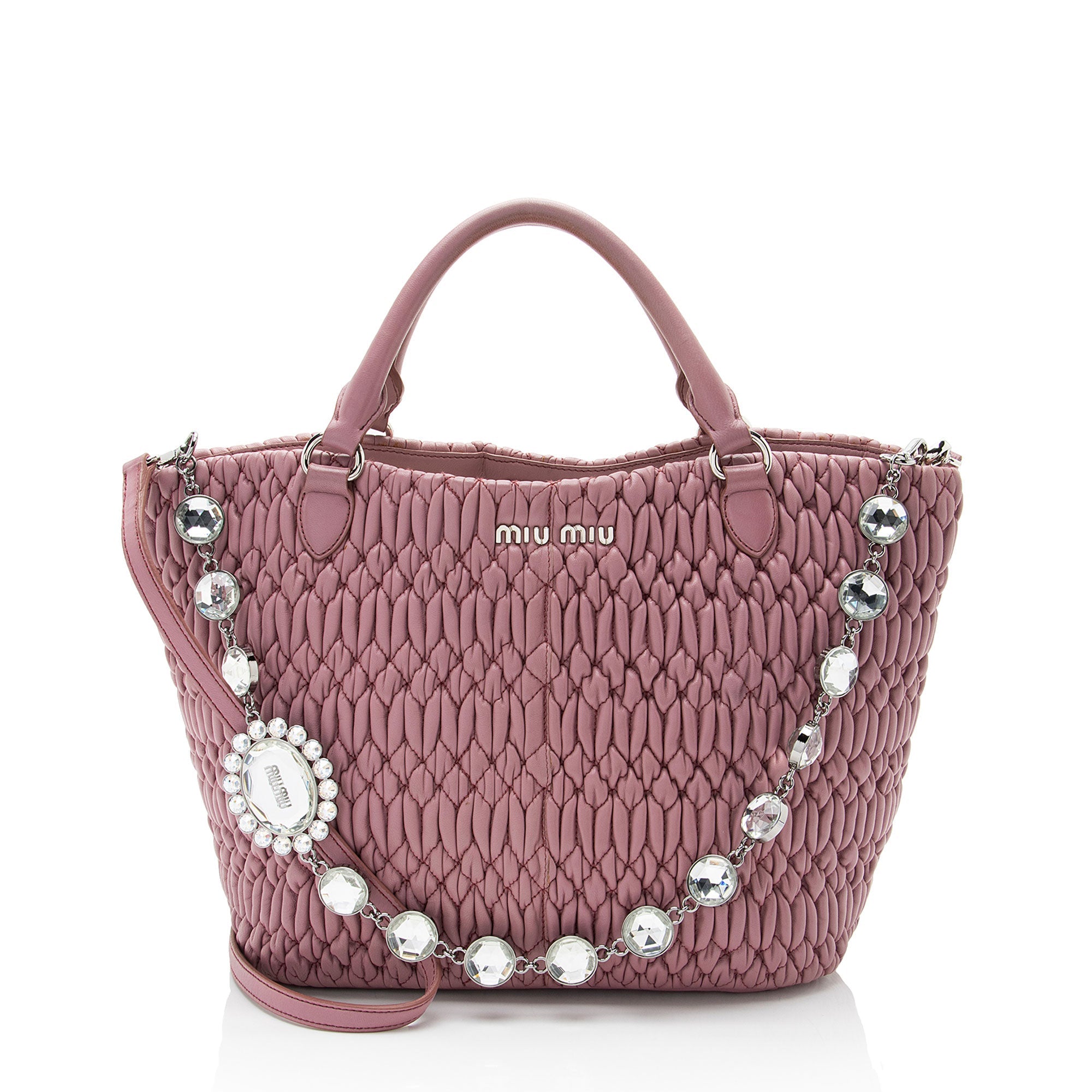 Miu Miu Matelasse Leather Crystal Chain Tote (SHF-8t8m1z)