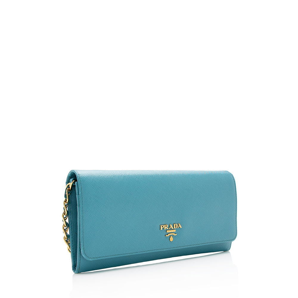 Prada Saffiano Leather Metal Oro Chain Wallet (SHF-15988)