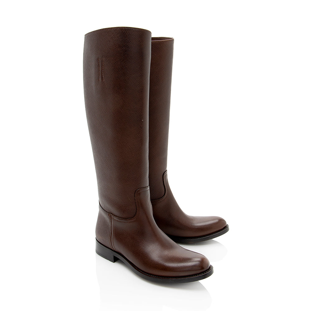 Prada Saffiano Leather Riding Boots - Size 6.5 / 36.5 (SHF-17297)
