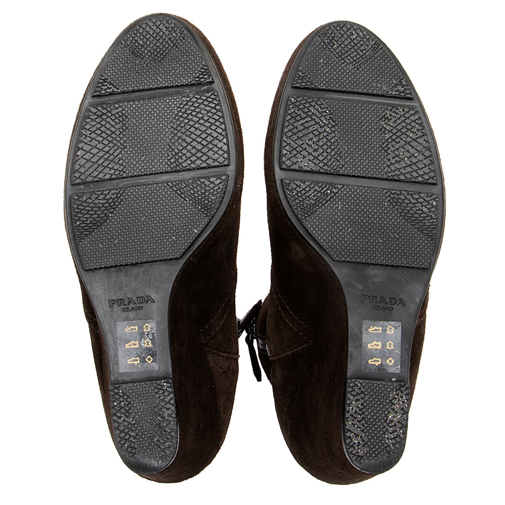 Prada Suede Wedge Ankle Booties - Size 8.5 / 38.5 (SHF-18725)