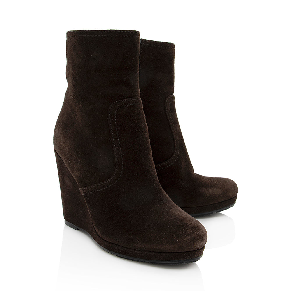 Prada Suede Wedge Ankle Booties - Size 8.5 / 38.5 (SHF-18725)