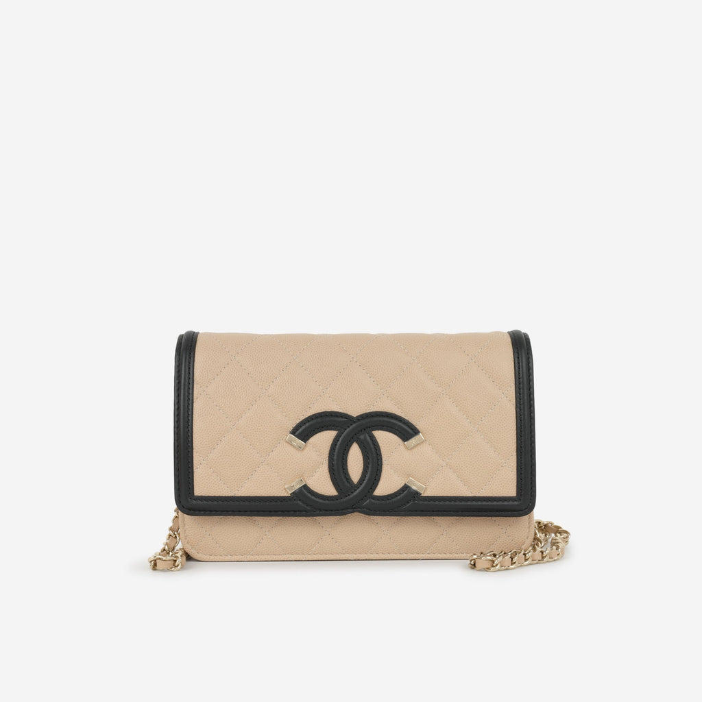 Chanel Filigree Wallet on Chain - Beige / Black Caviar | Champagne Gold Hardware