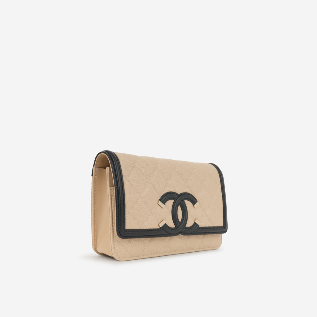 Chanel Filigree Wallet on Chain - Beige / Black Caviar | Champagne Gold Hardware