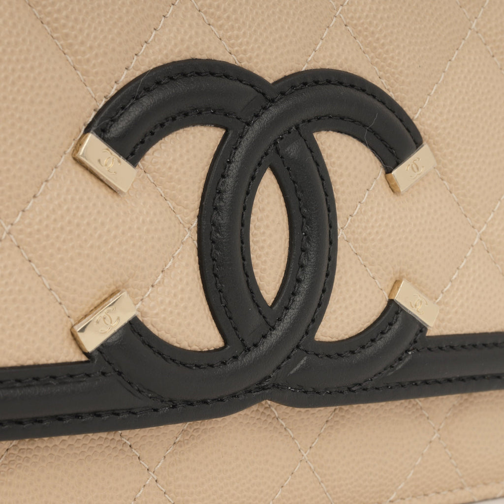 Chanel Filigree Wallet on Chain - Beige / Black Caviar | Champagne Gold Hardware
