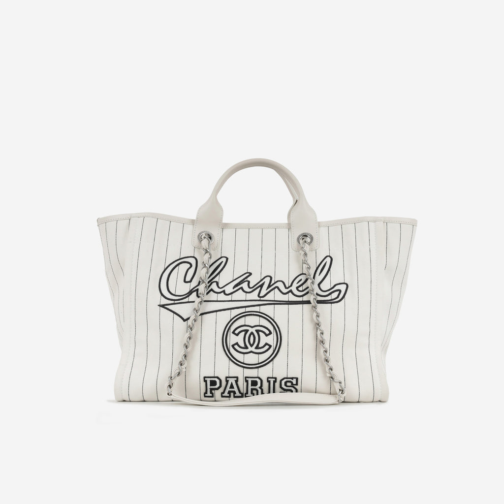 Chanel Large Deauville - White Canvas / Black Stripes | Silver Hardware