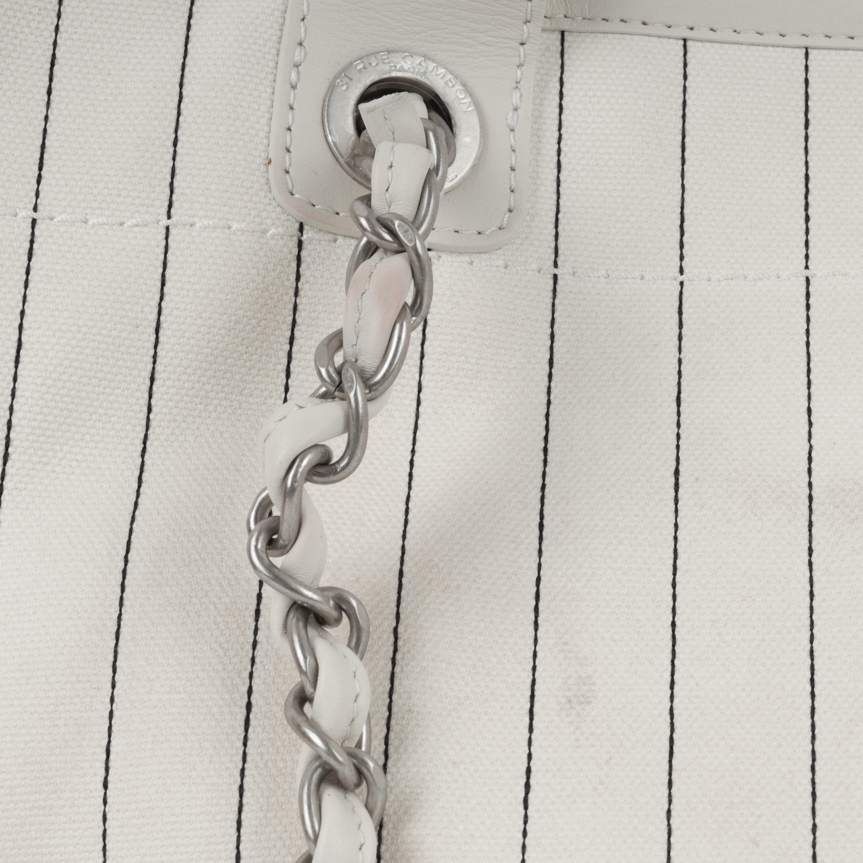 Chanel Large Deauville - White Canvas / Black Stripes | Silver Hardware