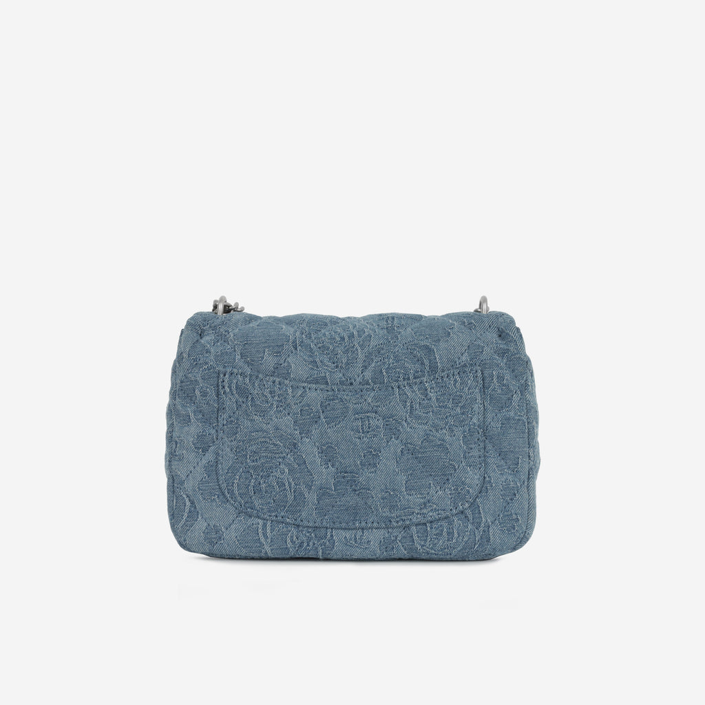 Chanel Square Camellia Heart Crush - Blue Embroidered Denim | Silver Hardware