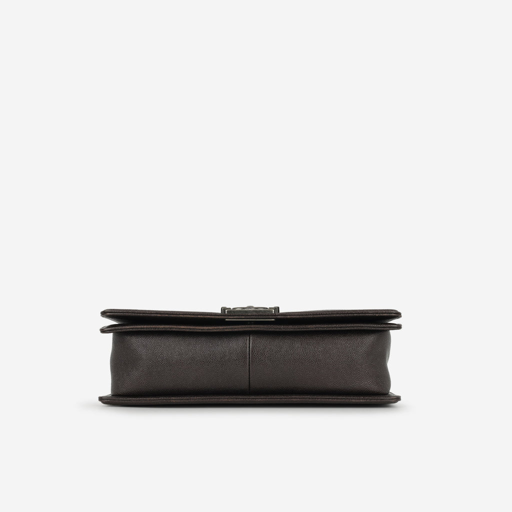 Chanel New Medium Boy Bag - Dark Brown Chevron | Ruthenium Hardware