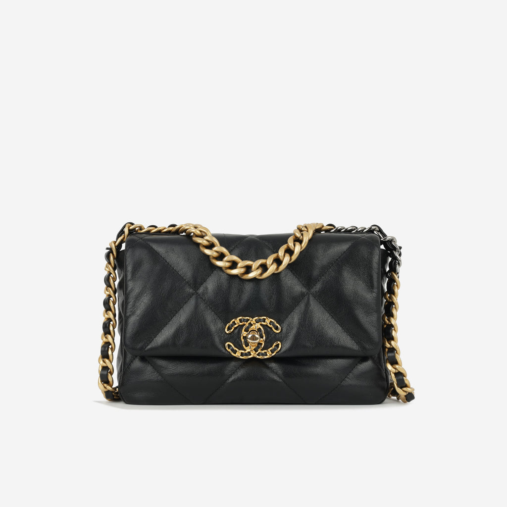 Chanel Small 19 Flap Bag - Black Lambskin | Gold & Silver Hardware