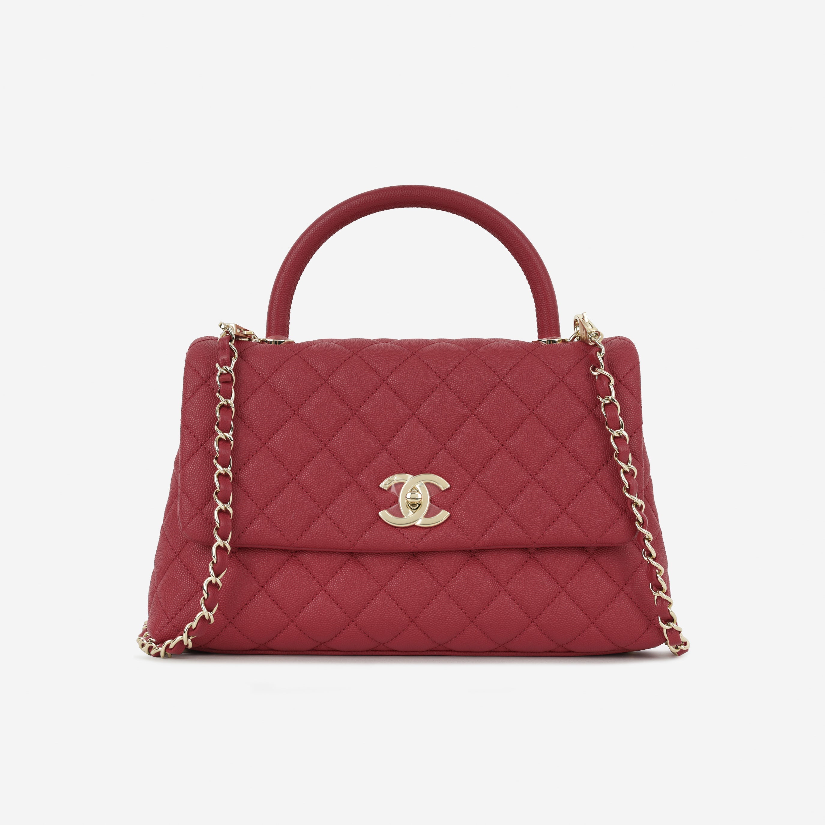 Chanel Medium Coco Handle - Raspberry Caviar | Champagne Gold Hardware
