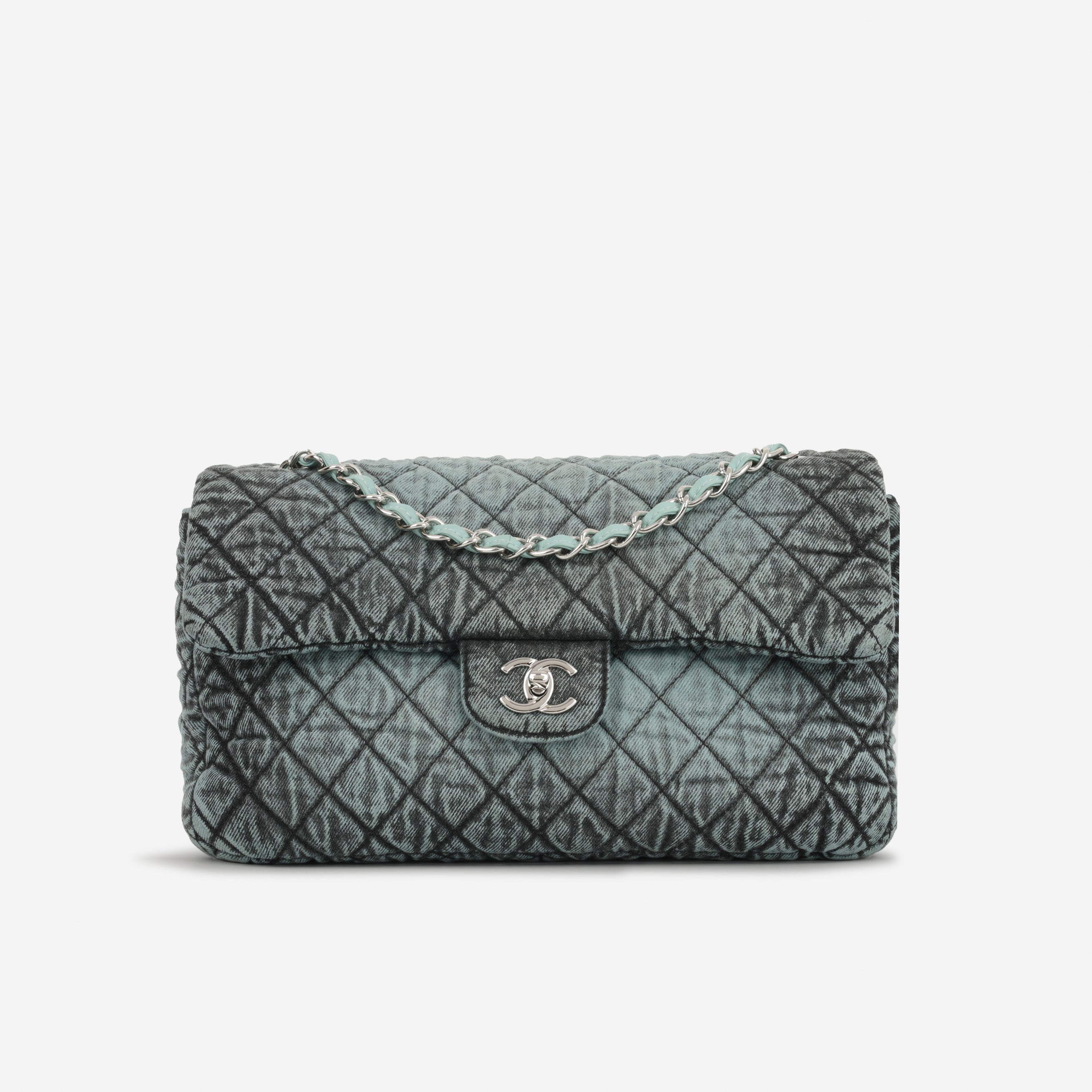 Chanel 20c Seasonal Jumbo Flap - Teal / Black Denimpression  | Silver Hardware